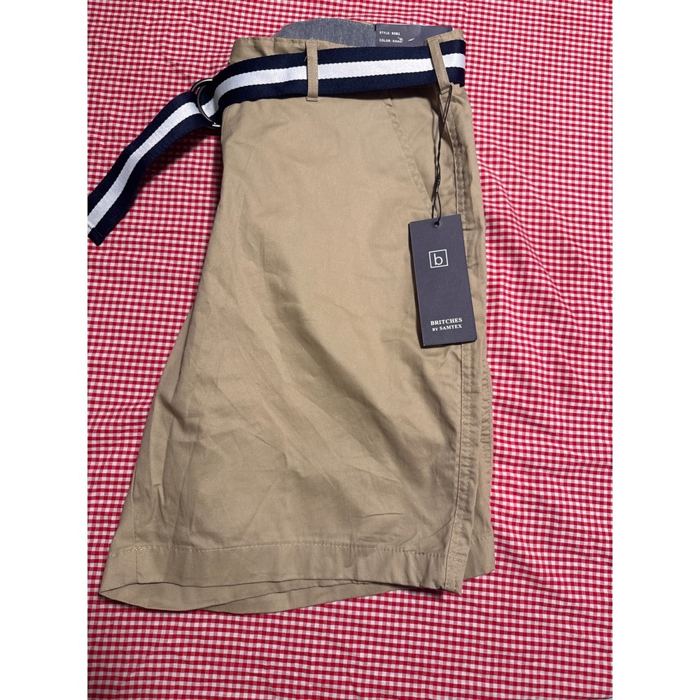 Britches by Samtex Mens Khaki Stretch Fabric Shorts with Varsity Stripe Belt 40W